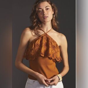 Anthropologie Orange Halter Lace Top
